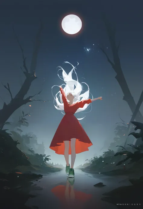 A young girl with long white hair, wearing a striking red dress and green sneakers, sits on a simple chair placed right in the middle of an empty road at night. Her expression is calm yet enigmatic, with a faint smile suggesting an air of mystery. The ligh...