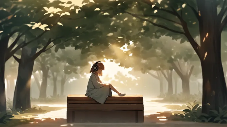 A calming watercolor painting of a young girl sitting on a wooden park bench under a canopy of trees. She wears oversized headphones and gazes into the distance as the sunlight filters through the leaves, creating a play of light and shadow around her.