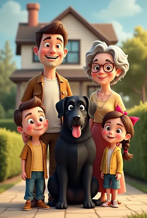 Realistic cartoon farther and mother with old grandmother and 20 years old elder son and two young daughters with big black dog in front of 3 story house 