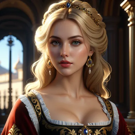 Blonde Hair, Hazel Eyes, Renaissance Dress, Baroque Beauty, Natural Beauty, belladonna, shadowed cell, cell saded, dynamic lighting, DDIM, WLOP, Unreal Engine, global illumination, intricate detailed environment, intricate painting, HD, Razumov Konstantin,...