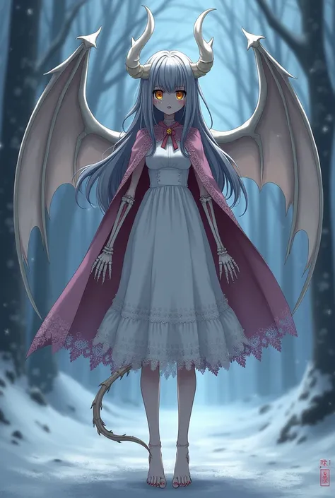 Female skeleton 、  Gray long hair 、 golden eyes、 bears a pair of long white dragon horns on its head、Long tail bone 、 A Pair of Huge Bone Wings 、Tall and thin、 small tits、 wears white dress with mauve lace cape、barefoot、Bleeding Tears 、Crazy Laughter 、Yand...