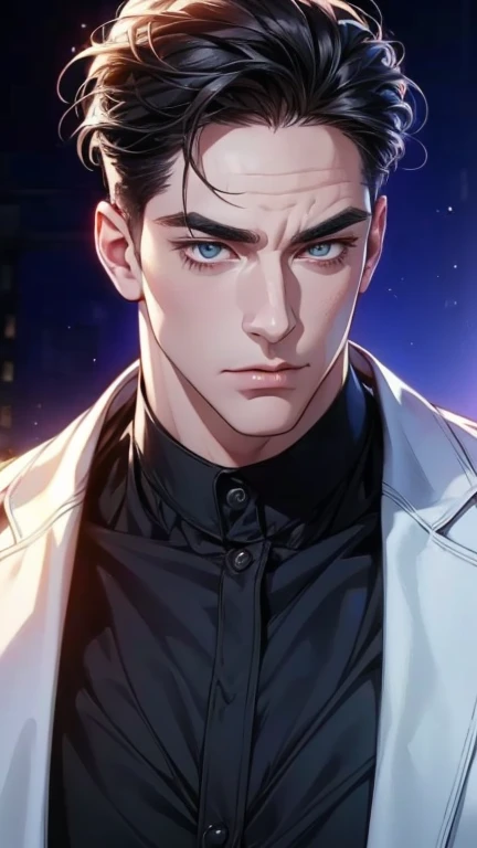 (best quality,4k,8k,highres,masterpiece:1.2),ultra-detailed,(realistic,photorealistic,photo-realistic:1.37),36 year old man,3 day beard,handsome anime,portraits,strong,masculine,dark hair,sharp jawline,mesmerizing eyes,perfectly styled hair,cool anime outf...