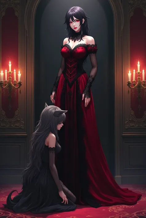 Anime style, a evil vampire queen in elegant clothes, and a werewolf girl on her knees in front of the vampire