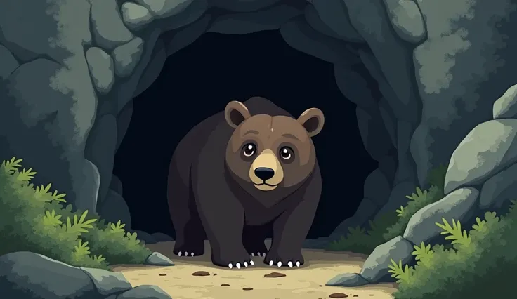 I want to create an image of a bear stuck at the mouth of a small cave which is smaller than the size of the bear. I want to show that half of the bears body is stuck inside the cave and half is stuck outside the cave, as if the cave has gripped the bear a...