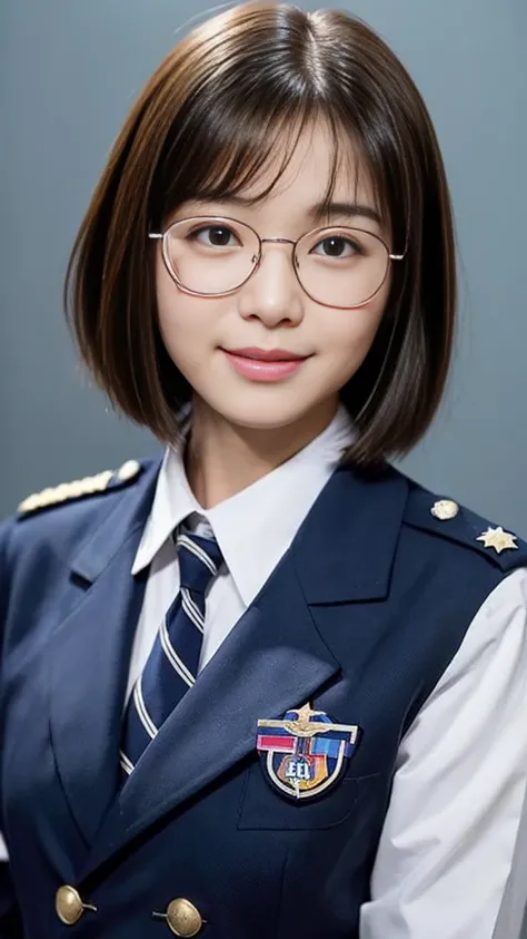 ( top quality :1.5), ( real:1.4), ( Ultra Fine:1.4), (1girl), (18-years-old girl), (normal body), (normal size breasts), (uniform), (normal height), (bangs), ( bob cut), (Glasses), (smile), (girl with glasses is standing front the plain background), ( cowb...