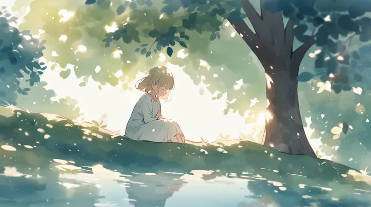 A serene watercolor painting of a young girl sitting under the shade of a large tree by a tranquil lake. Soft sunlight filters through the leaves, casting dappled light on her. The lake reflects the pastel tones of the sky, blending seamlessly into the sur...