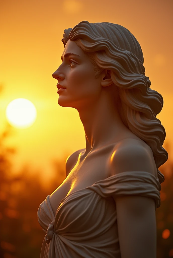 In a golden sunset, the statue transforms into a living woman. Her rosy cheeks and flowing hair shimmer with the warmth of life as her eyes flutter open. The sculptor, overwhelmed, collapses at her feet, tears streaming down his face.