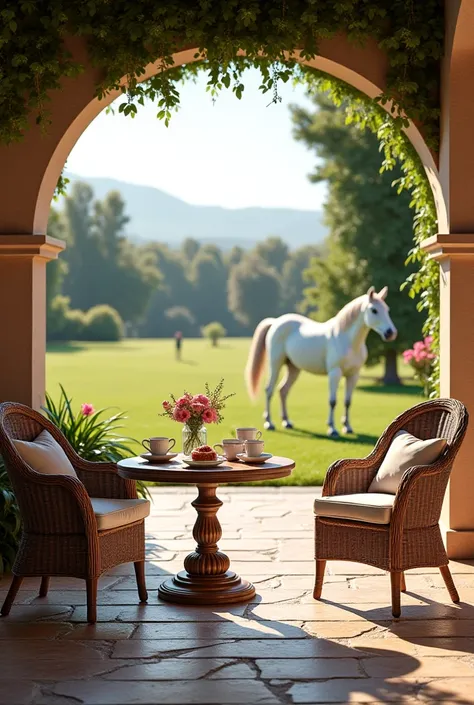 Hacienda with patio and stone floor with an elegant tea , cookie table and chairs and white horse in the glass field background