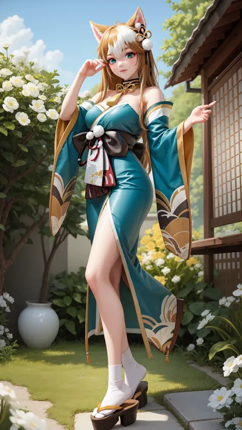  masterpiece,  best quality,  HIGH QUALITY,  full body ,  outdoor,   looking at the viewer, 1 girl,  dynamic pose , hina-fi , Bicolor fur,  Japanese clothing , Green Kimono, cola,  bare shoulders ,