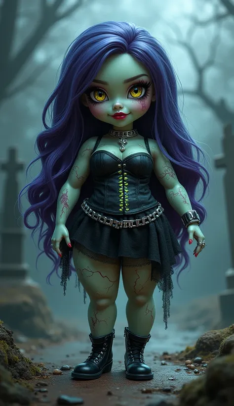 "Create an illustration of a Monster High-inspired doll with a zombie theme, designed with a chubby, full-figured body. The doll has pale, greenish skin with subtle, decayed details and visible stitches. Her hair is long and voluminous, dark purple with de...