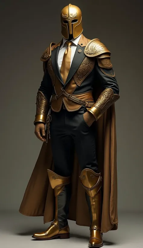 A man dressed in an elegant suit, gold-colored helmet, gold-colored gloves, gold-colored shirt, gold-colored tie, one sleeve as protection for armour armour armband, shoulder strap 
One leg with armour protection greva knee brace gold-colored boots 