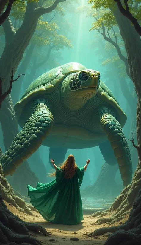 create 32k sea turtle and Enchantress stand in the same frame in an ancient, mystical forest where the trees twist and shimmer with magic. On the left, the sea turtle stands with its massive, ancient shell covered in oceanic greens and blues, its appearanc...