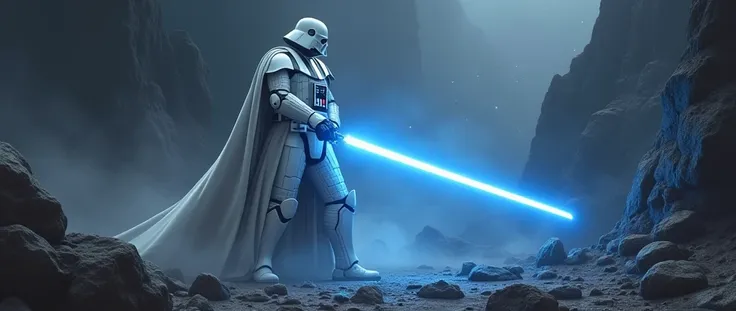 a highly detailed digital painting of darth vader in a white suit, holding a blue lightsaber, cinematic dramatic lighting, epic composition, award winning quality, photorealistic, 8k, hyperrealistic, chiaroscuro lighting, moody colors, dramatic atmosphere,...