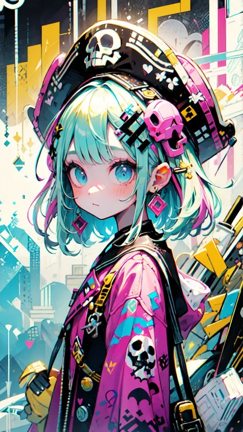 Seizo Watase Style、"cute, beautiful, Adorable girl wearing pink clothes, yellow, and baby blue color scheme. She is wearing a costume with a SKULL motif inspired by a female pirate.。.。.。.。.。.。.... Fashionable hats, rock、Comes with decorative accessories su...