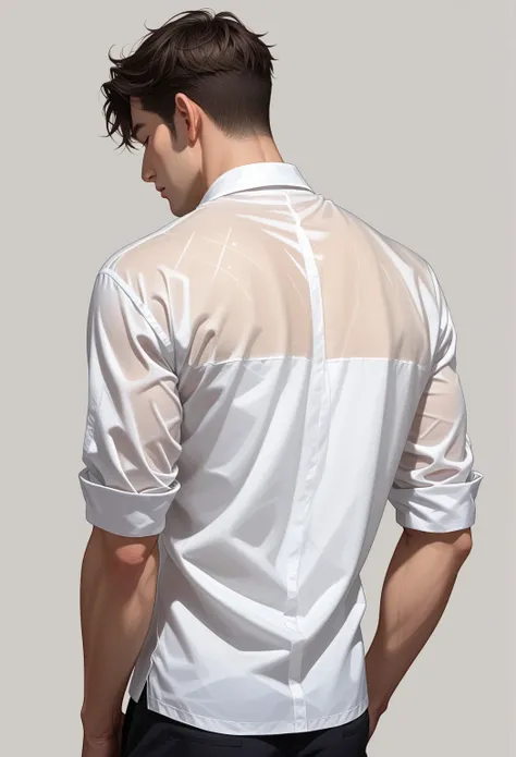 1 man， simple background/ no background , Back,  vertical drawing style , Character portrait zoom(Silhouette)Layers, illustration, Wearing a white translucent shirt， high resolution,  high detail ,  HD Model,  high quality,  Very detailed,  invisible face ...