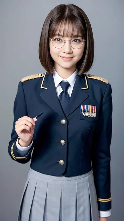 ( top quality :1.5), ( real:1.4), ( Ultra Fine:1.4), (1girl), (18-years-old girl), (normal body), (normal size breasts), (uniform), (normal height), (bangs), ( bob cut), (Glasses), (smile), (girl with glasses is standing front the plain background), ( cowb...