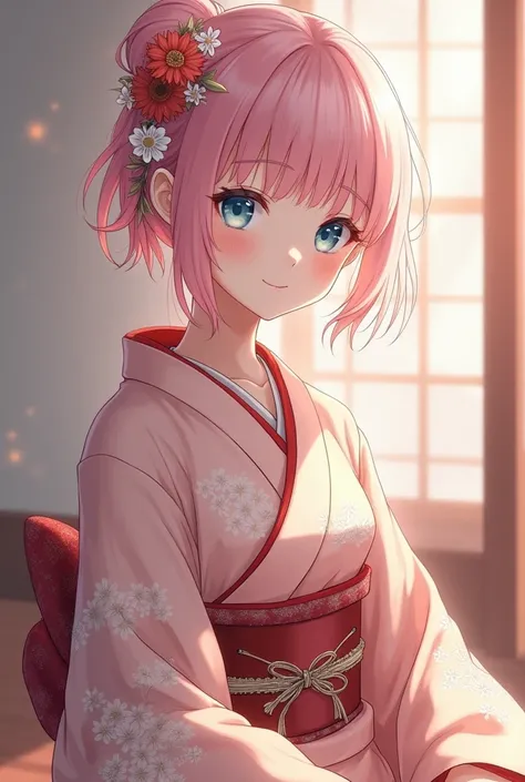 Pastel pink hair color light blue eyes sitting in a New Years kimono