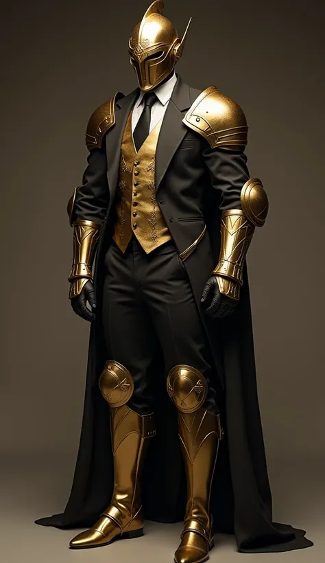 A man dressed in an elegant suit, gold-colored helmet, gold-colored gloves, gold-colored shirt, gold-colored tie, one sleeve as protection for armour armour armband, shoulder strap 
One leg with armour protection greva knee brace gold-colored boots 