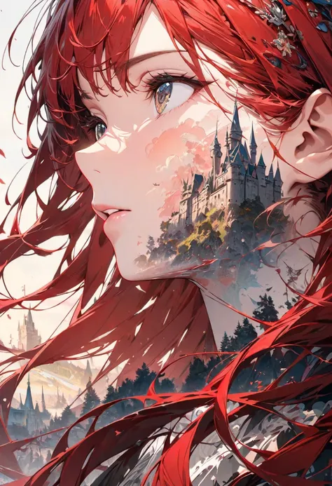    Double Exposure of a Beautiful and Delicate Lady (Clear and perfect face )image， The background is a perfect, highly detailed picture of the castle， red hair ， ，Suitable, beautifully, intricate illustration,  Artwork Conceptual Artwork Masterpiece ,  Be...