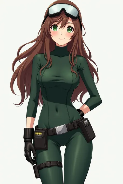 An anime teen girl with long brown hair and green eyes. Wearing a dark green bodysuit and a utility belt with gadgets. Wears black boots, black fingerless gloves and black gauntlets as well as white goggles.