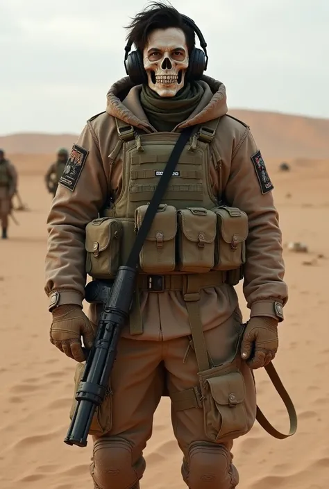 Handsome face. Jungkook"Army soldiers wear skull masks, headphones, heavy armor, military-patterned coats, military-patterned cargo pants, brown boots, and carry guns on the battlefield in the desert."