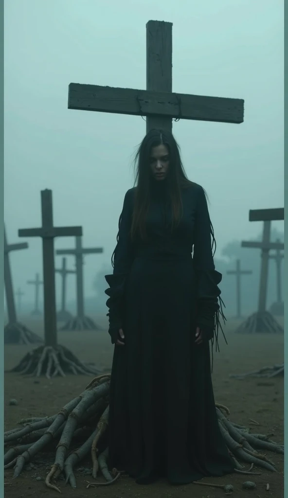 "A dark and eerie cemetery shrouded in thick mist, with multiple tilted and decayed wooden crosses scattered across the landscape. A central wooden cross, large and weathered, stands prominently behind a ghostly female figure. She has long, dark, unkempt h...