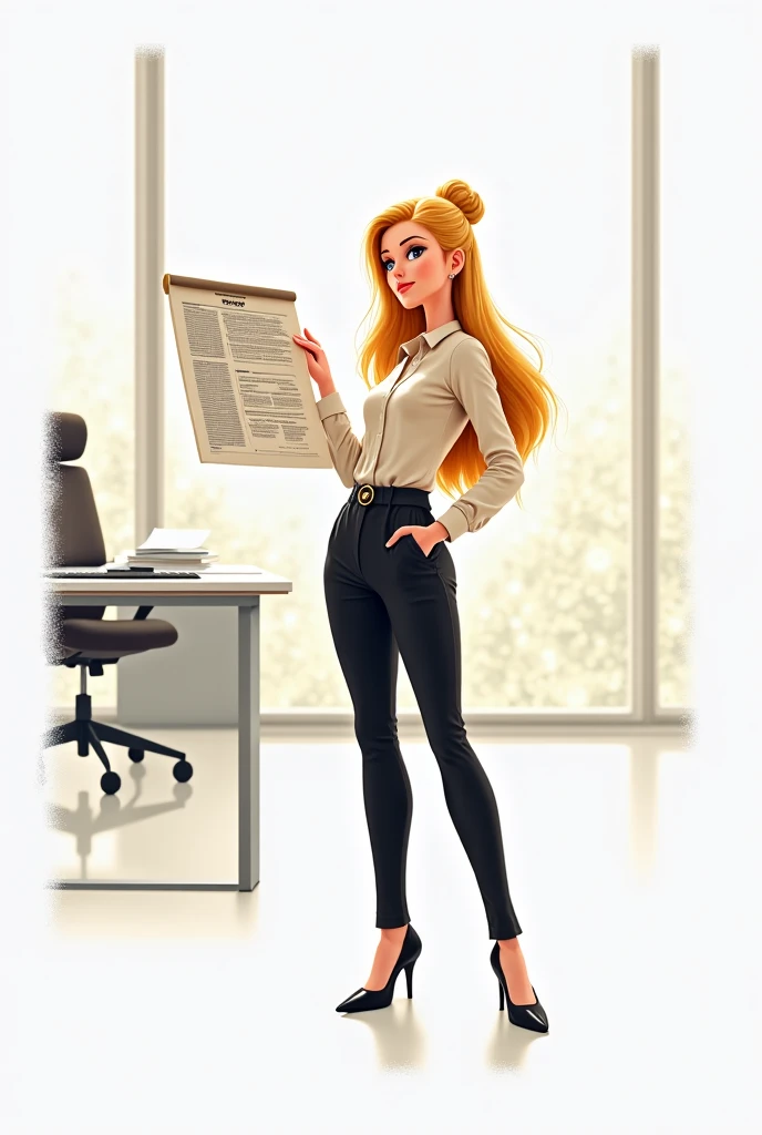 Generate a real life Style image of a extremely attractive blonde businesswoman, detailed arts style, realistic face,proper details on face, life like, in office formal cream shirt TUCKED in skintight pants and black belt , standing with a chart , showing ...