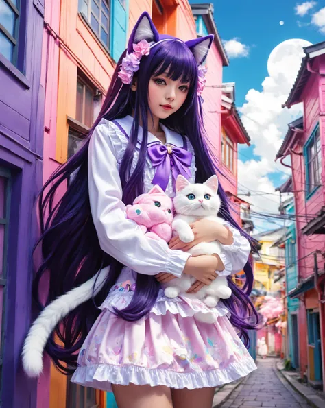 A cat-eared girl between two buildings, Holding a stuffed toy, Neko Mimi Mode, straight dark purple long hair, Horizontal fringe hair, detailed white lolita outfit, cat ears with light pink inside, Hazuki from Tsukuyomi - MOON PHASE -. By Bernie D’Andrea, ...