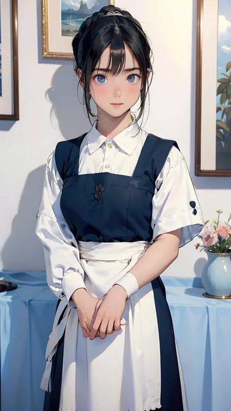  in high-definition images，Strange resolution ,  high res, (masterpiece: 1.4),  super detailed , A cute maid in a classic maid outfit, with long black hair and blue eyes, holding a silver tray. She has a gentle, caring expression with a slight blush on her...