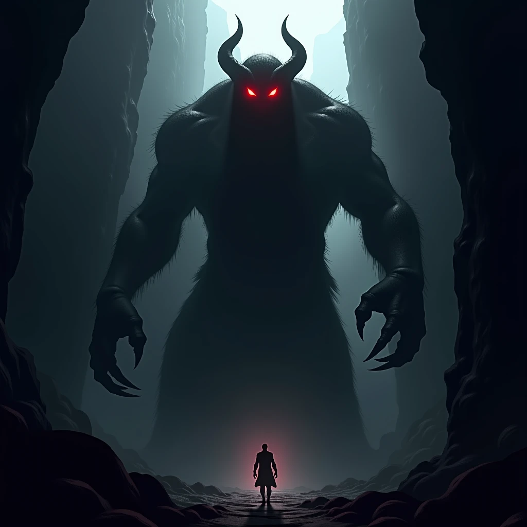 The Devil lurking in the abyss, his form massive and shrouded in shadow. His red eyes glow fiercely as his claws stretch out to engulf the light.