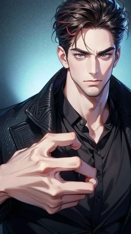 (best quality,4k,8k,highres,masterpiece:1.2),ultra-detailed,(realistic,photorealistic,photo-realistic:1.37),36 year old man,3 day beard,handsome anime,portraits,strong,masculine,dark hair,sharp jawline,mesmerizing eyes,perfectly styled hair,cool anime outf...