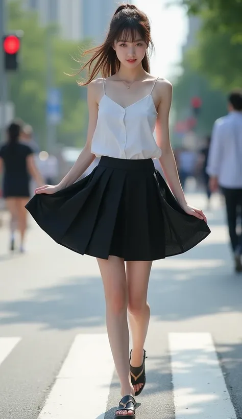 
A very beautiful Japanese woman who is tall and slim, Her legs are extremely thin and long, Her skin is extremely white and beautiful, standing picture , Ultra Miniskirt , black pleated skirt, tank top, slouching position,I can see my bust from my chest ,...