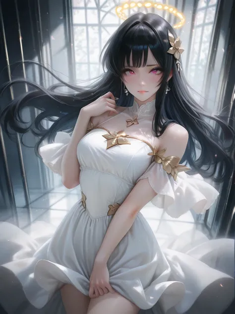 Long black hair　goddess　 beautiful　 white dress