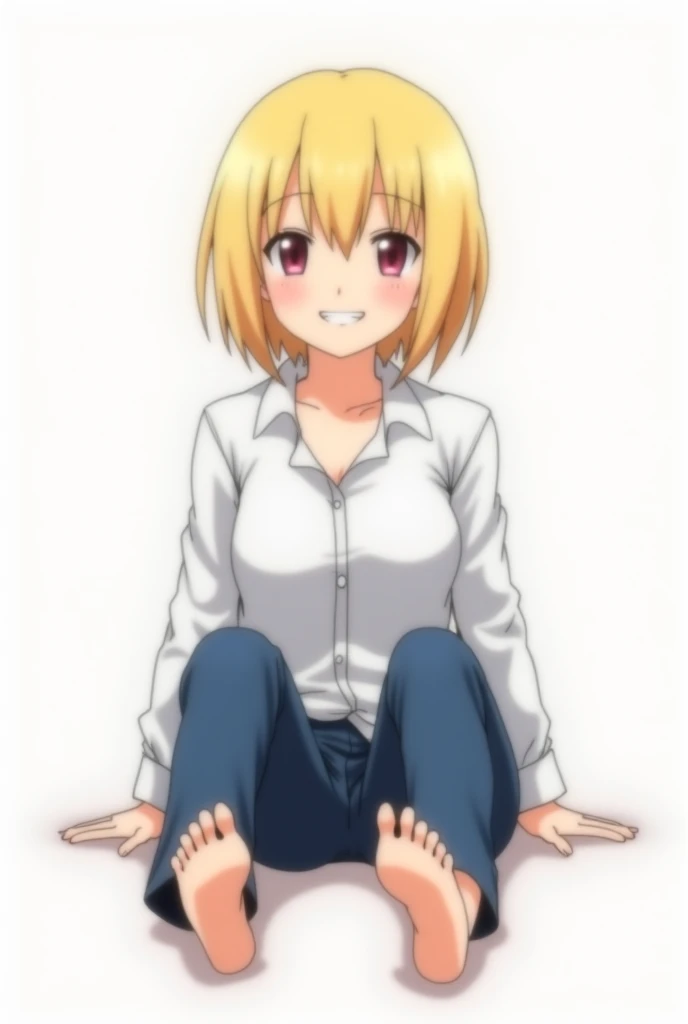   image of an anime girl ,  short blonde hair ,  white room , who wears a straitjacket , arms hidden under the shirt , jeans negros, barefoot,  showing the soles of the feet,   sitting on the floor ,  smiling.