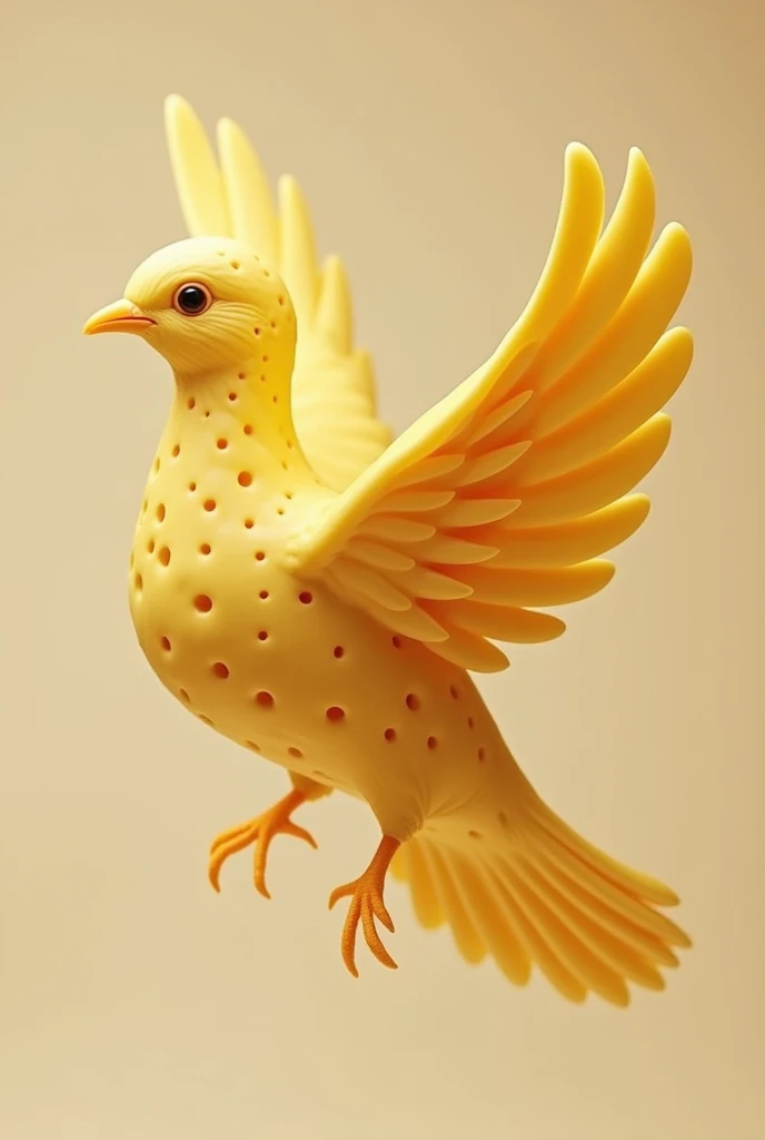 Create an image of a dove that appears to be entirely made of Swiss cheese. The dove should look realistic, with its body, wings, head, and tail all sculpted as if crafted from Swiss cheese, including its characteristic texture and holes. The design should...