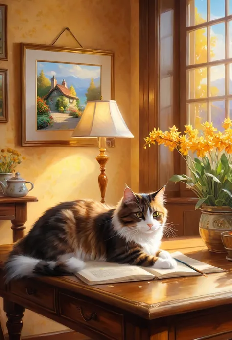 ベッドに座って本を読んでいるCat Painting, Exquisite paintings by Igor Graber ,  shutterstock ,  furry art, Detailed painting 4k, Cozy Wallpaper,  Warm beautiful scene  ,  Thomas Kinkade.  cute cozy room in super realistic style , Cat Painting,  cheerful amber morning li...