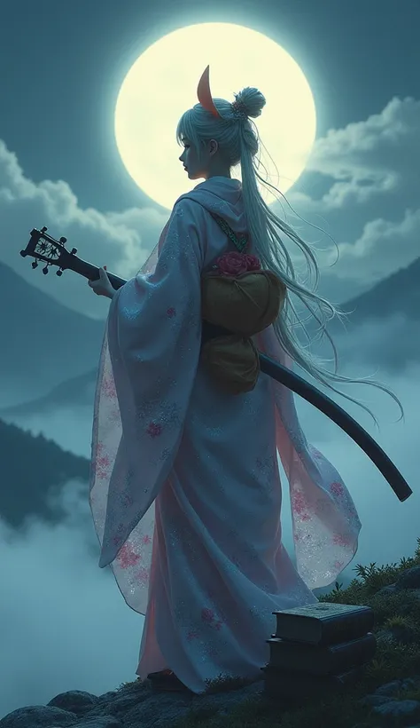 Oni no Musume is standing in a glittering kimono and holding a shamisen on a foggy mountain　 full moon　Personification　Fingers５Books