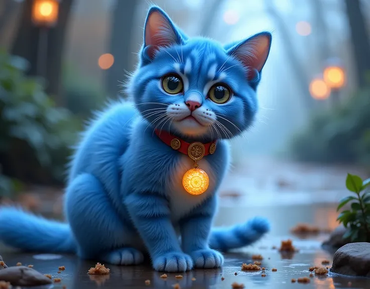 BLUE CAT WITH RED COLLAR AND YELLOW PENDANT