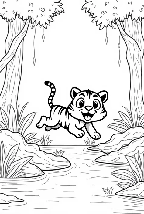 Harimau
A cute cartoon tiger happily jumping over a small stream in the jungle, surrounded by tall trees and plants. Black-and-white line art illustration designed for a rens coloring book.