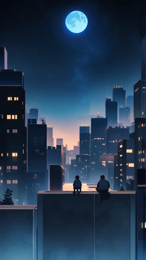 An anime-style medium shot of a person sitting in the middle of a quiet city. The person is looking up at the moon. The citys skyline is visible in the background. The city is quiet and peaceful. The moon is large and bright in the sky.