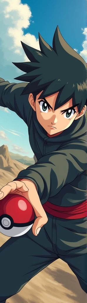 Pokémon ninja trainer ,  Pokébola in the hand,  Detailed fingers , perfect hand,  detailed eyes , detailed face,  Pokémon anime cartoon style.