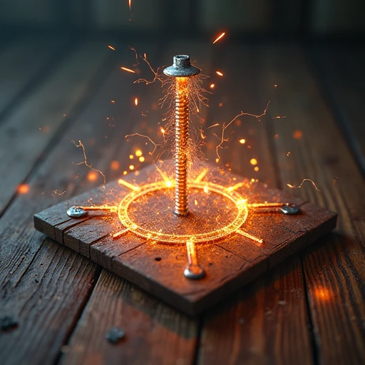 A shiny iron nail glowing with energy, connected to other nails in a complex web, forming a unique shape on a wooden board, with sparks flying to signify success