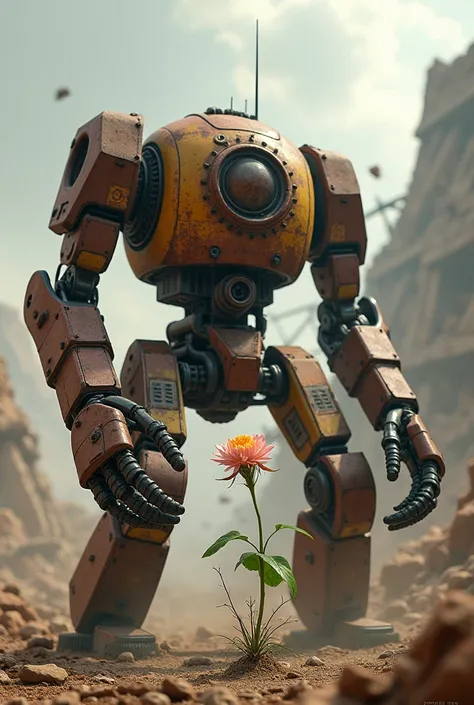 A rusty robod protecting a flower while fighting with a group of robots that are fighting to destroy the flower