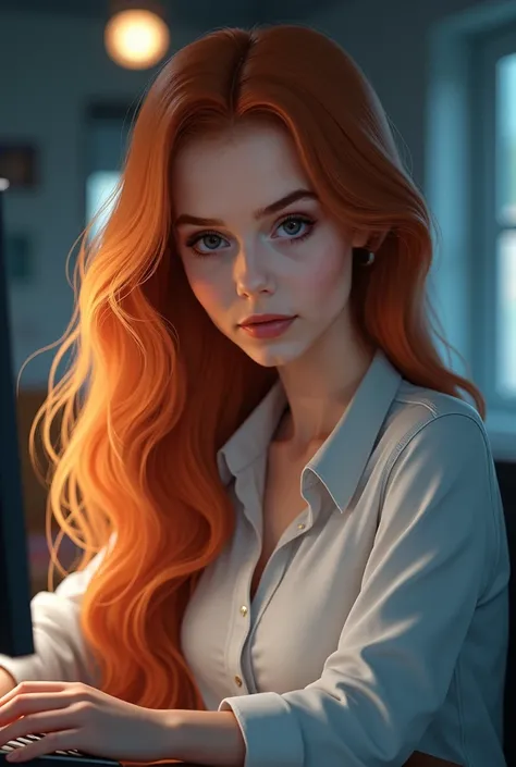 a beautiful girl, a data analyst, with very long light red hair, detailed face, beautiful eyes, long eyelashes, button nose, full lips, wearing a white blouse, sitting at a desk with a computer, digital art, highly detailed, photorealistic, 8k, award winni