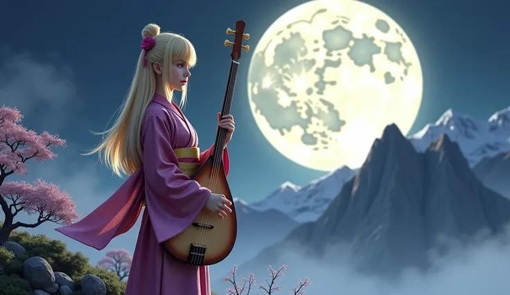 A blond girl wearing a glittering kimono is standing with a shamisen in a misty mountain　 full moon　Personification　Fingers５Books