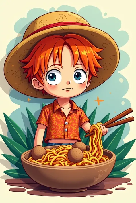  Make logo with orange haired karaker wearing straw hat on shoulder with luffy one piece reference, wear Indonesian batik shirt ,  make noodles with meatballs using chopsticks with papercraft 