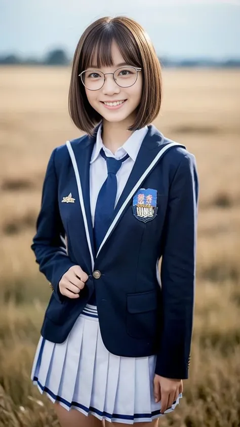 ( top quality :1.5), ( real:1.4), ( Ultra Fine:1.4), (1girl), (18-years-old girl), (normal body), (normal size breasts), ( school uniform), (normal height), (bangs), ( bob cut), (Glasses), (smile), (girl with glasses is standing front the plain background)...