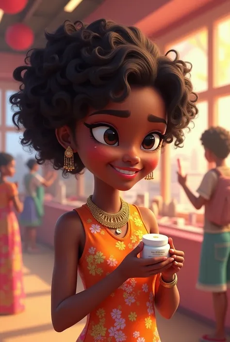 An indian black girl that age was 25 buy a color Wight cream 
Give me a 3d cartoon character image