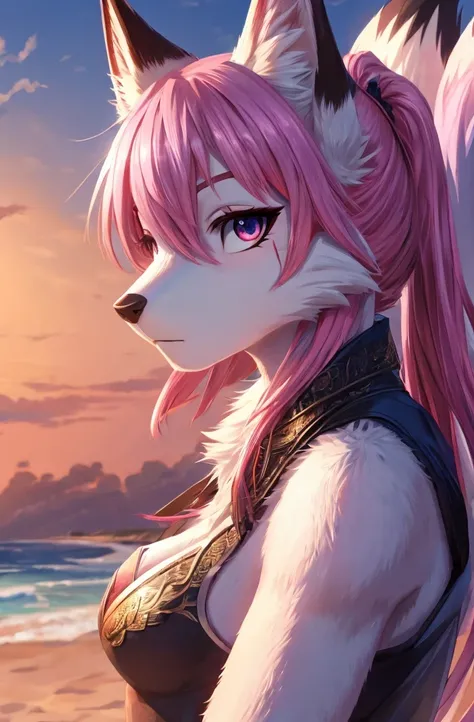 furry, female, adult,  fox, white body fur, pink hair,detailed body fur, detailed body, detailed face, detailed eyes, glistering body, shiny body,  multiple tails, multi tail, solo, body fur, (best quality), clear sky, cinematic lighting, anime style, shor...