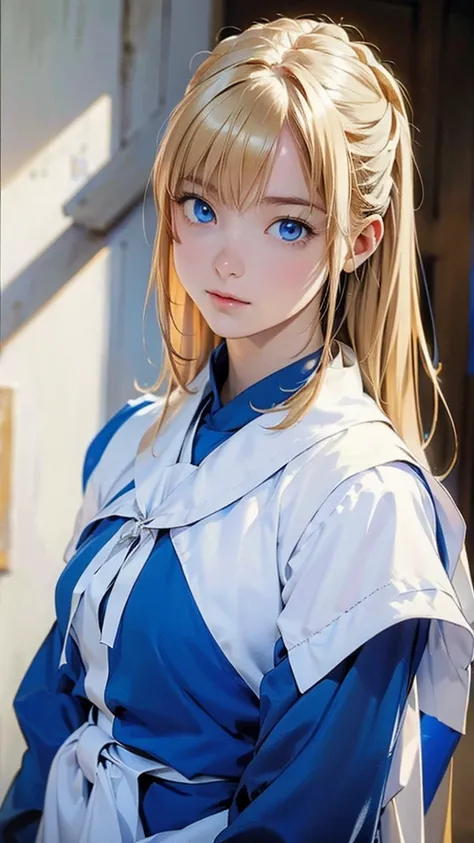  in high-definition images，Strange resolution ,  high res, (masterpiece: 1.4),  super detailed , A close-up of a maid character, showing only from the chest up. She has long blonde hair, blue eyes, and is wearing a classic maid outfit,